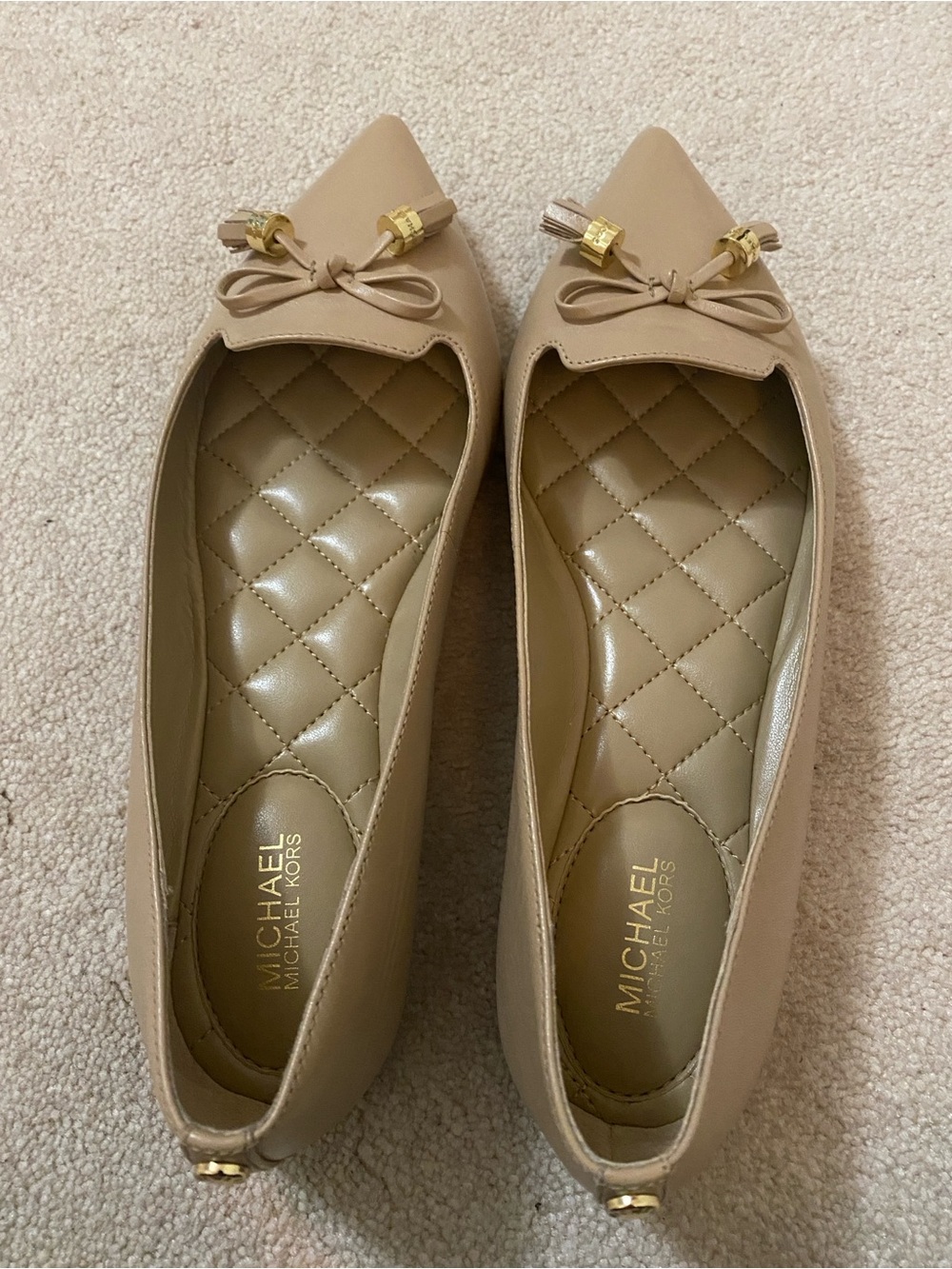 Michael Kors Beige Pointed Toe Bow Flats with Gold Accents